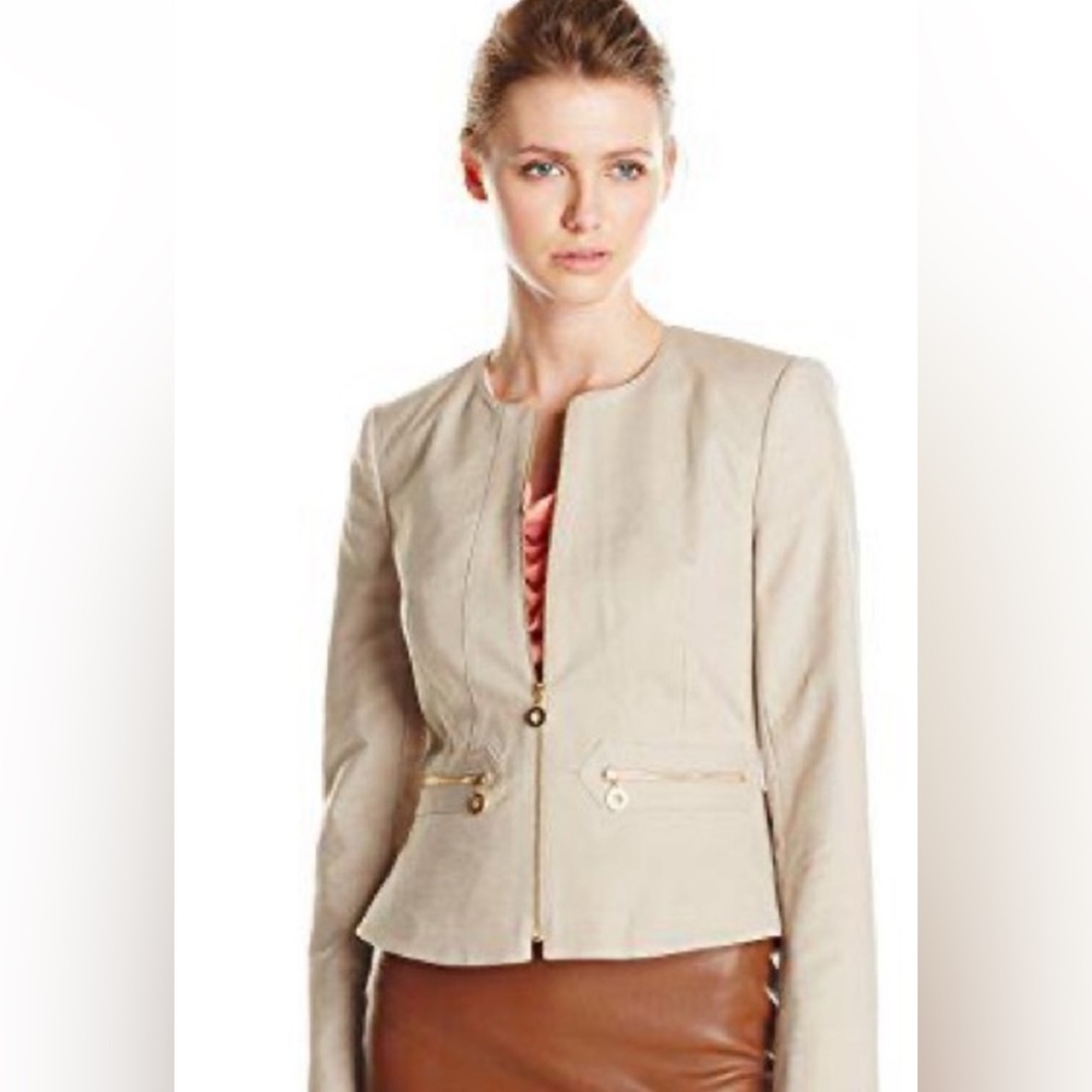 Calvin Klein Women Peplum Lined Tan Blazer 10 Full Zip Jacket Gold Accent Career